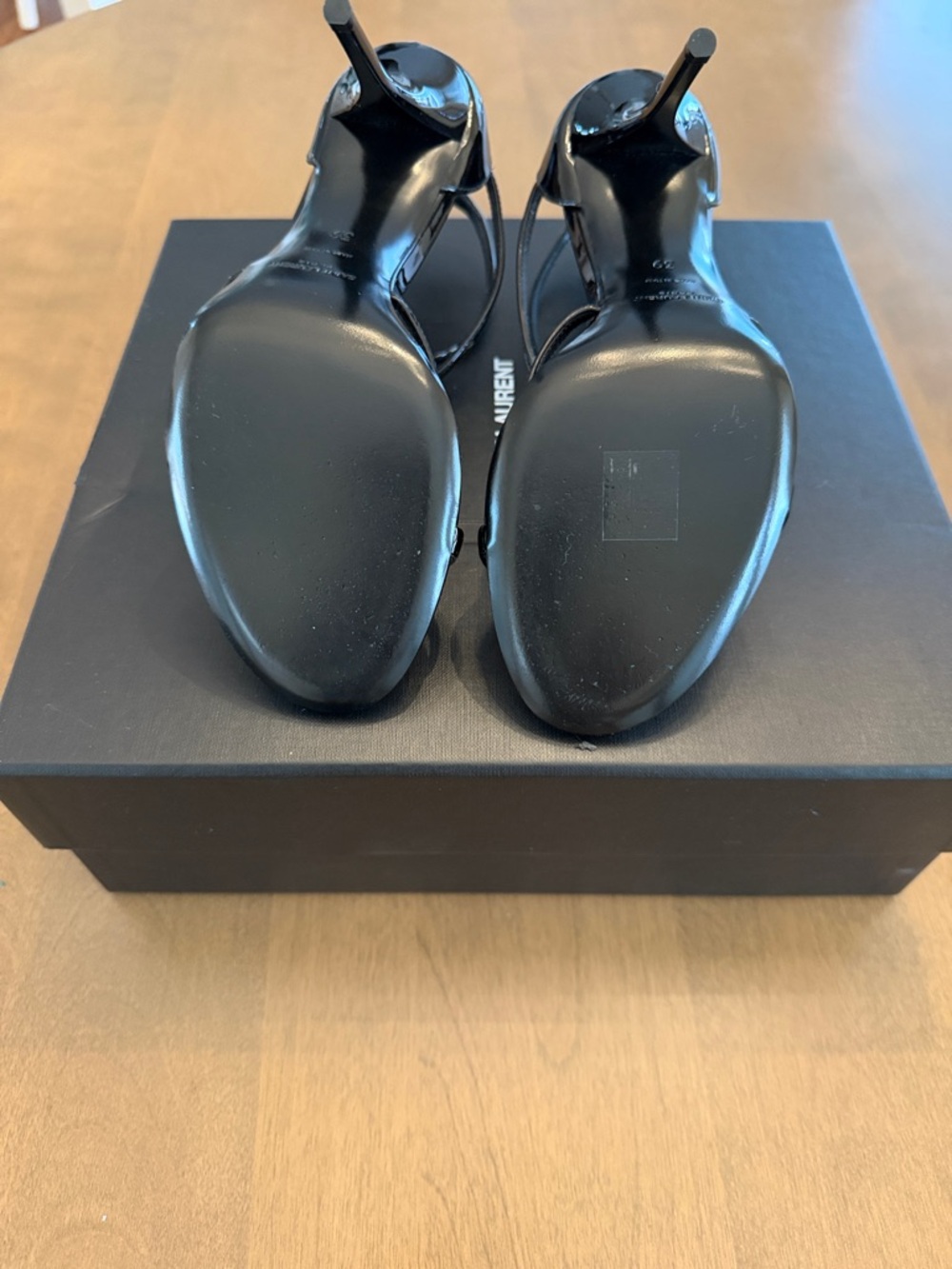 Saint Laurent Black Patent Leather YSL Logo Heeled Sandals - Picture 7 of 7